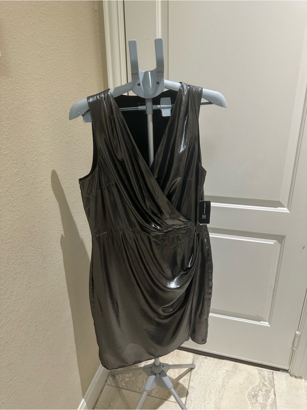 INC International Concepts Metallic Draped Wrap Midi Dress in Gunmetal